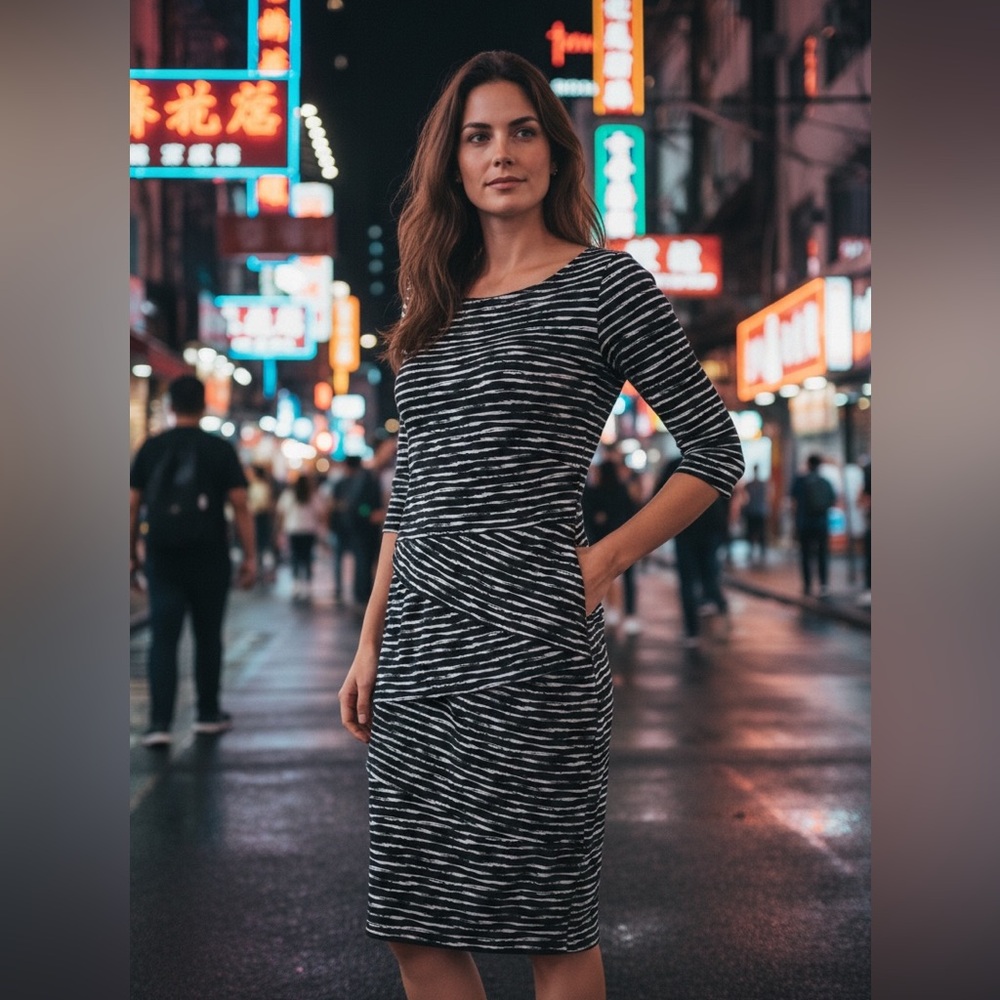 Connected Apparel Black and White Patterned Midi Dress
